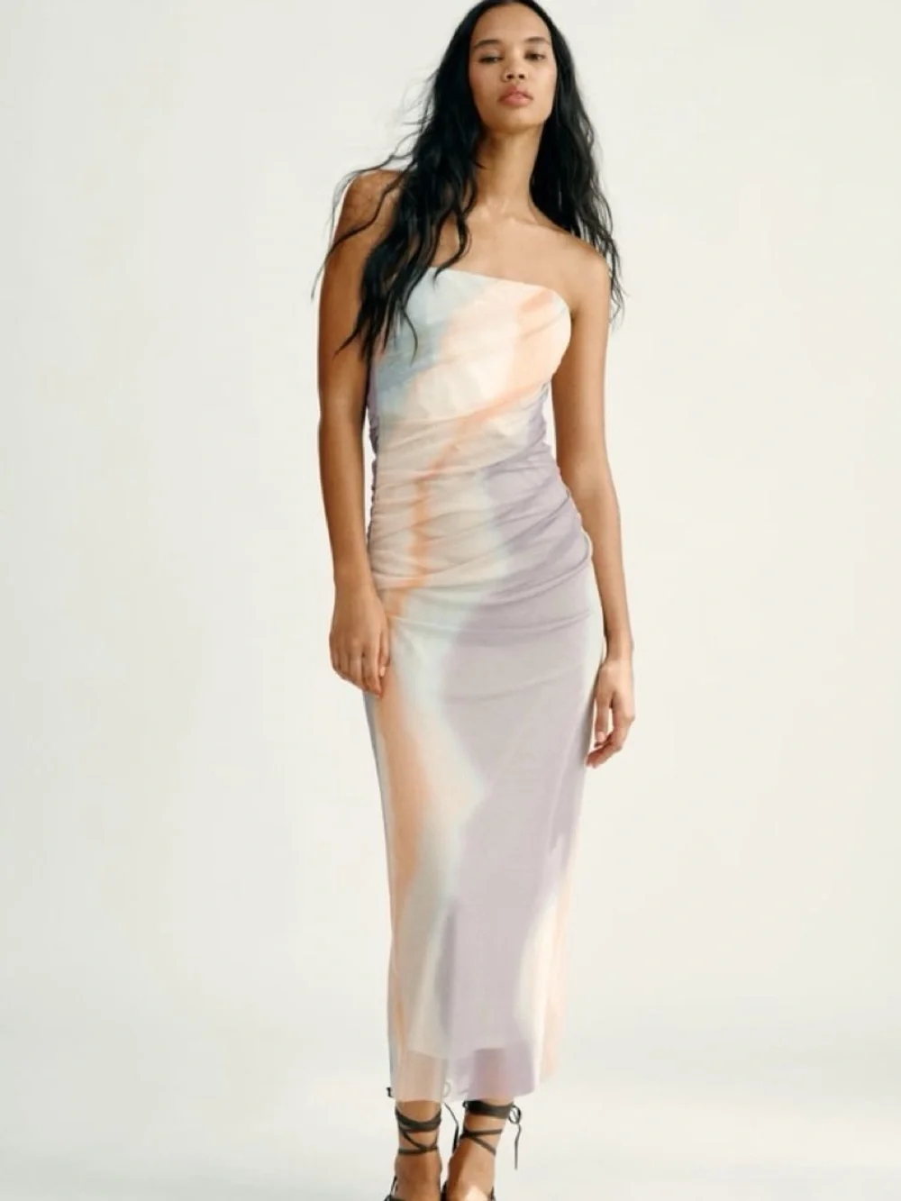 NWT Zara Strapless Printed Ruched Tulle Mesh Midi Dress, Cream Watercolor – L